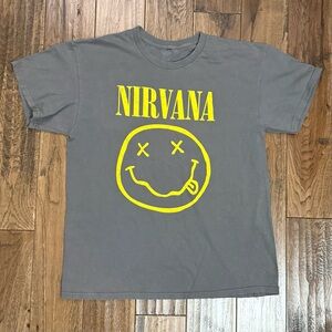 Gray Nirvana Vintage Style T-Shirt with Distressed Yellow Smiley Face Logo